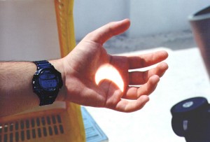Solar eclipse - August 11th 1999 (14:44 as you can see on my Casio Cosmo Phase watch). The eclipse is nearing maximum for Athens. Projected from my TAL-1 reflector.
